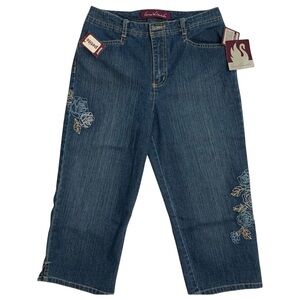 GLORIA Vanderbilt Jeans Floral Embroidered Petite Denim Capris Size 8P New